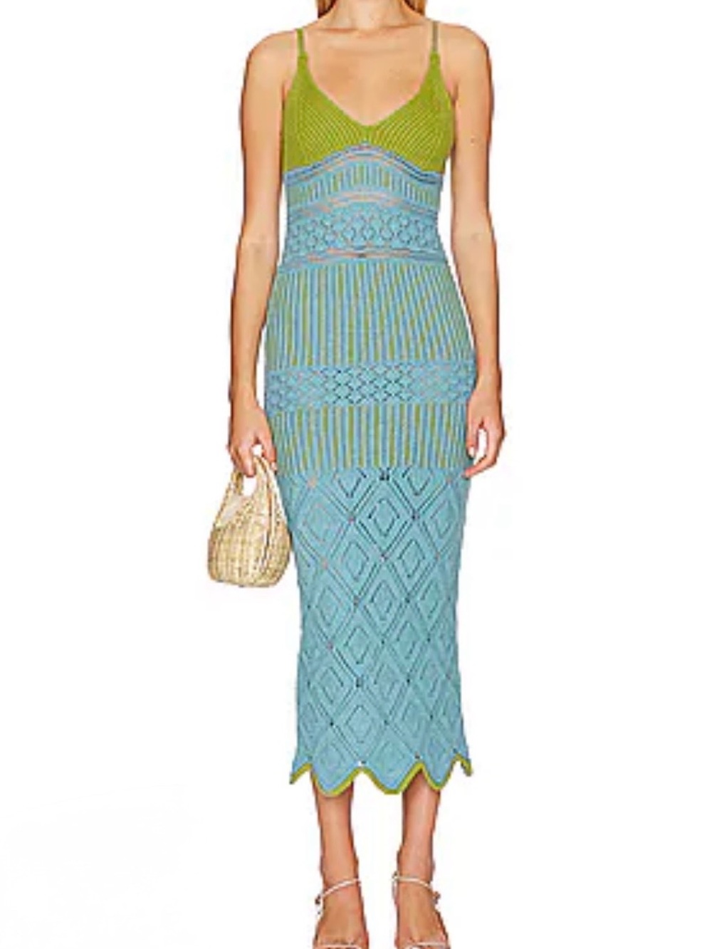 NWOT- MISA LOS ANGELES Crochet Green & Blue Knit Midi Dress with Scalloped Hem